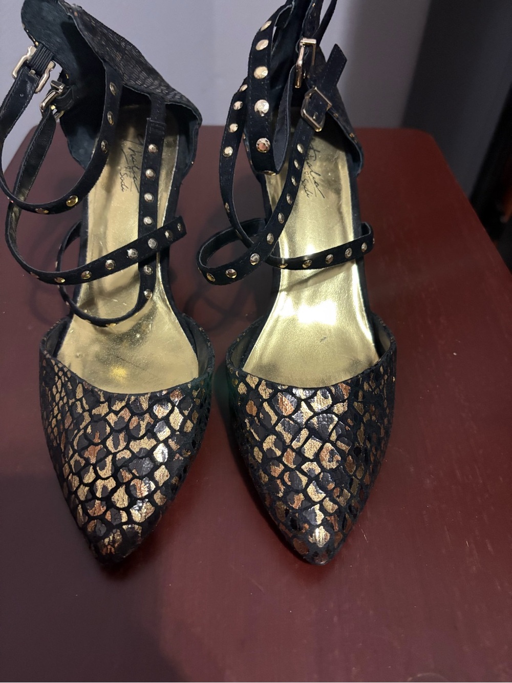 Thalia Sodi Black and Gold Pointed Ankle-Strap Heels